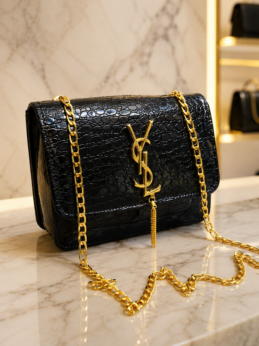 Elegant Croc Texture Gold Chain Shoulder Bag