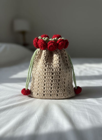 Elegant Floral Knit Drawstring Purse