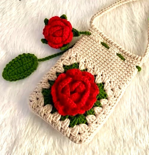 Beige Rose Crochet Phone Bag