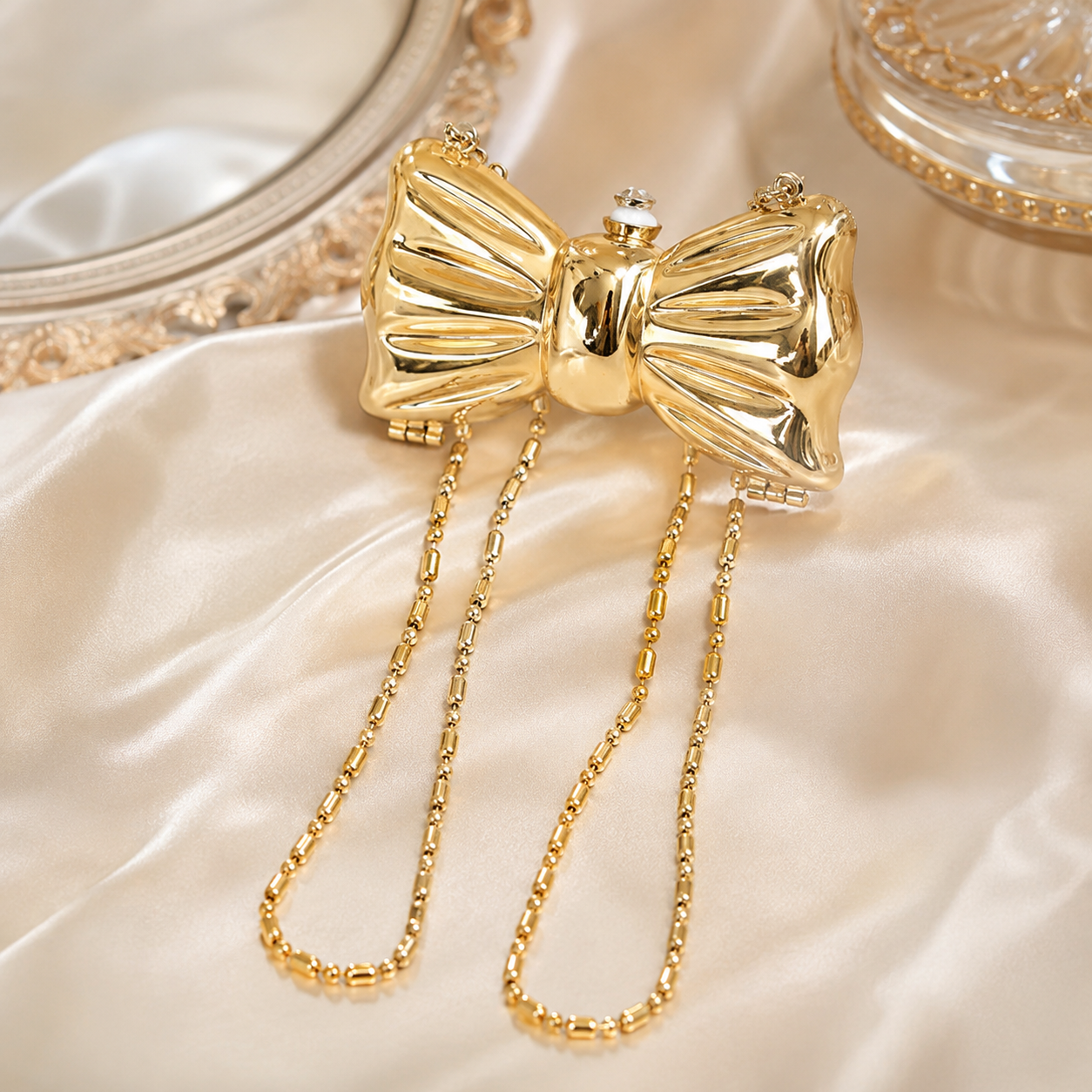 Luxury Bow Shape Metallic Clutch Bag with Chain Strap