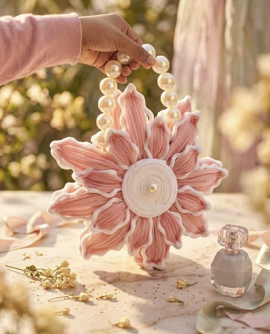 La Bela Velvet Daisy Flower Bag with Pearl Handle