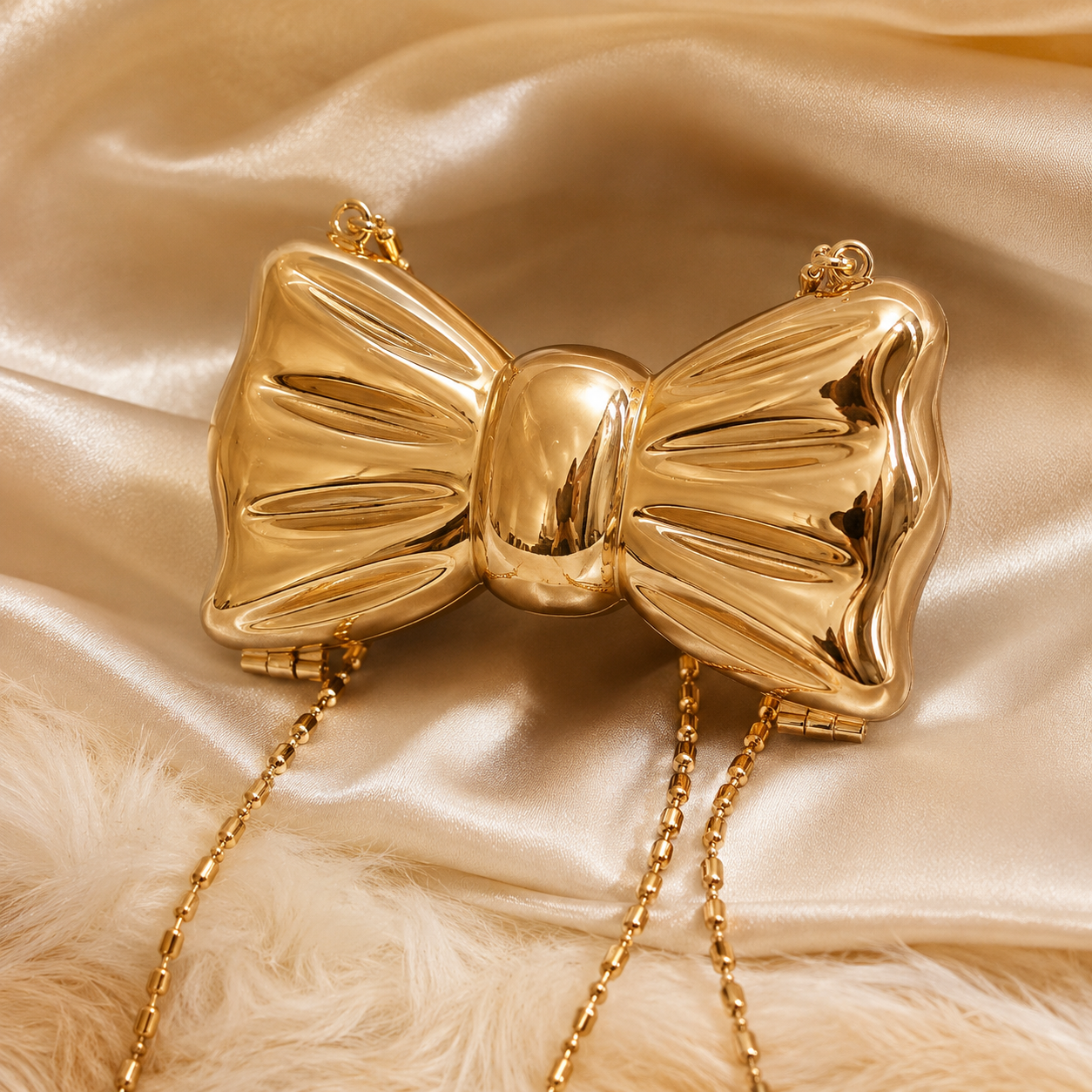 Luxury Bow Shape Metallic Clutch Bag with Chain Strap