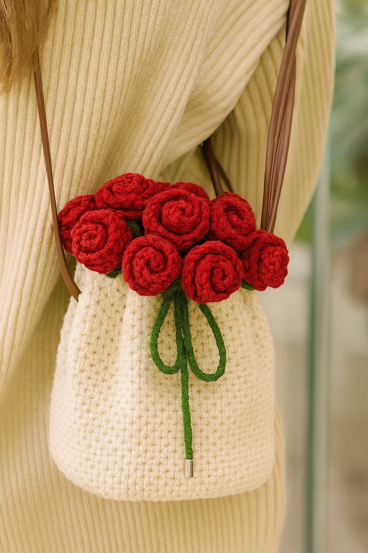 Elegant Floral Knit Drawstring Purse