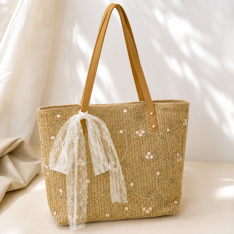 Elegant Floral Straw Tote Bag for Women – Lightweight Shoulder Carry Handbag