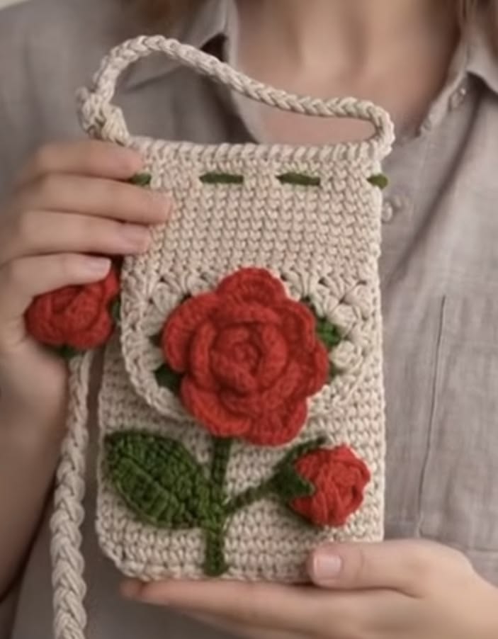 Beige Rose Crochet Phone Bag
